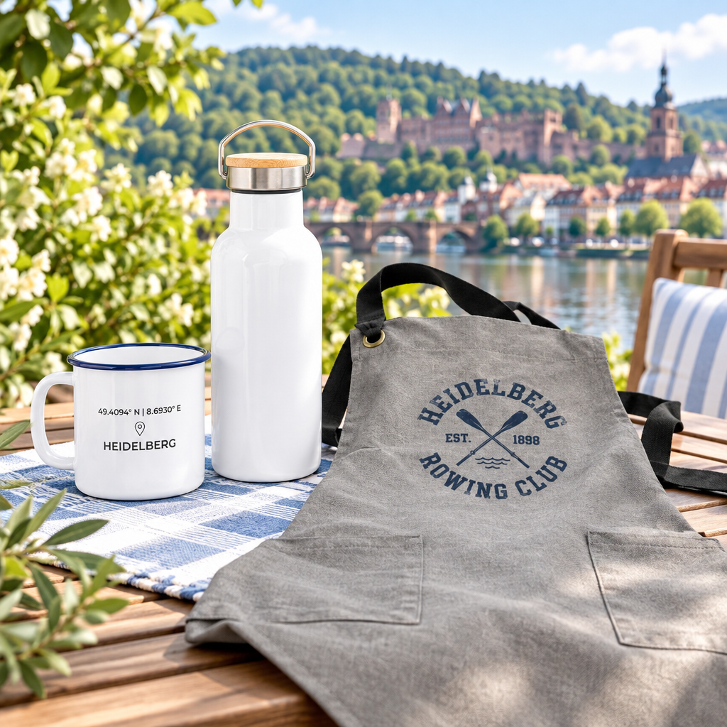 Heidelberg Koordinate Camper Mug, Ruder-Club Grillschürze und Panorama-Isolierflasche auf einem Tisch am Neckar