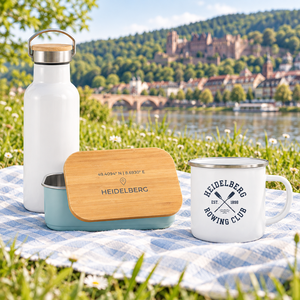 Picknickset mit Heidelberg-Isolierflasche, Lunchbox und Ruder-Club-Camper-Mug auf einer Picknickdecke am Neckar