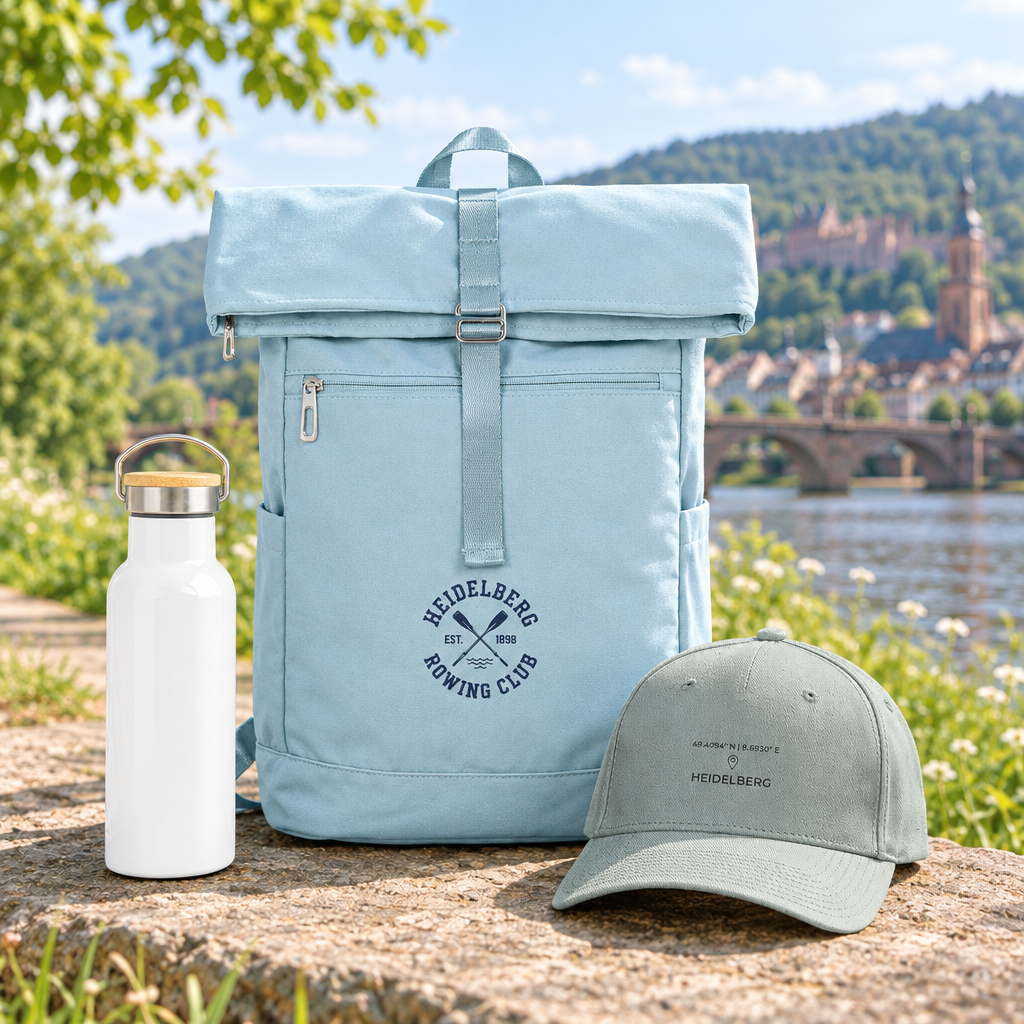 Eisblauer Heidelberg-Ruder-Club-Rolltoprucksack, weiße Isolierflasche mit Bambusdeckel und grün-graue Flexfit Cap am Neckar